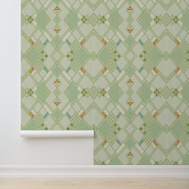 Papier Peint Motif de carreaux de Bohême géométrique vert rétro (Application)