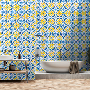 Papier Peint Motif de carreaux élégant bleu jaune méditerranéen