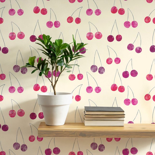 Papier Peint Motif de cerise aquarelle (Sweet watercolor cherry pattern art wallpaper In cream)
