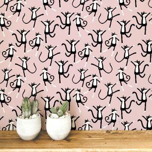 Papier Peint Motif de chat dansant rose poudré