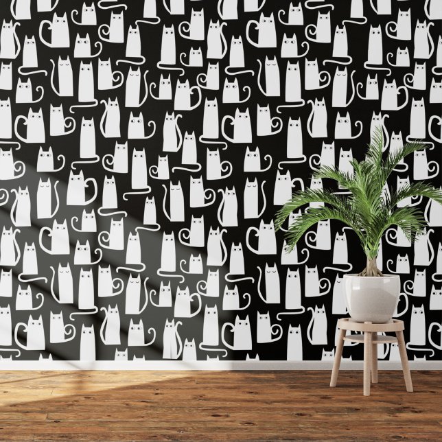 Papier Peint Motif de chat noir et blanc amusant (White cats on a black background  art wallpaper)
