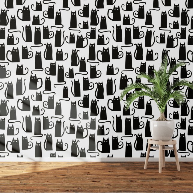 Papier Peint Motif de chat noir et blanc amusant (Black cats on white  art wallpaper)