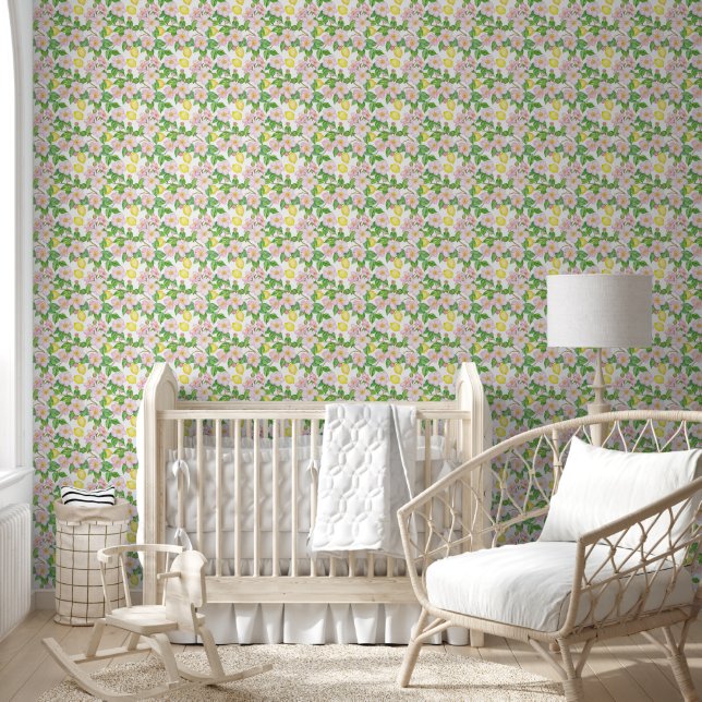 Papier Peint Motif de citrons floraux roses (Enfants)