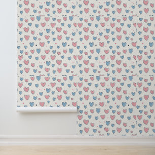 Papier Peint Motif de Coeurs à main rose et bleu