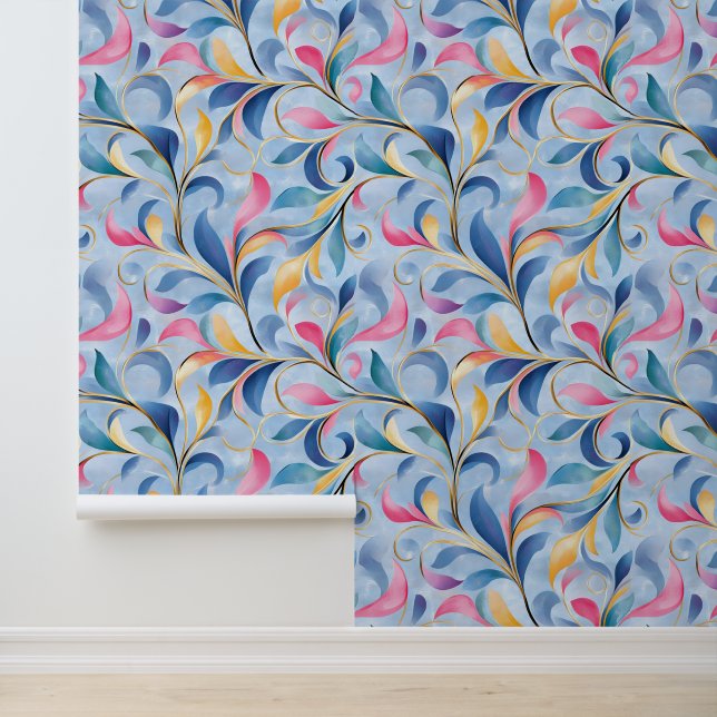 Papier Peint Motif de défilement floral Pastel Leafy (Application)