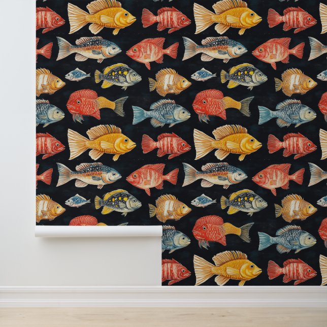 Papier Peint Motif de dessin d'espèces de poissons aquatiques (Application)