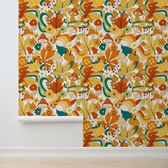 Papier Peint Motif de fleurs de champignons Super rétro (Application)