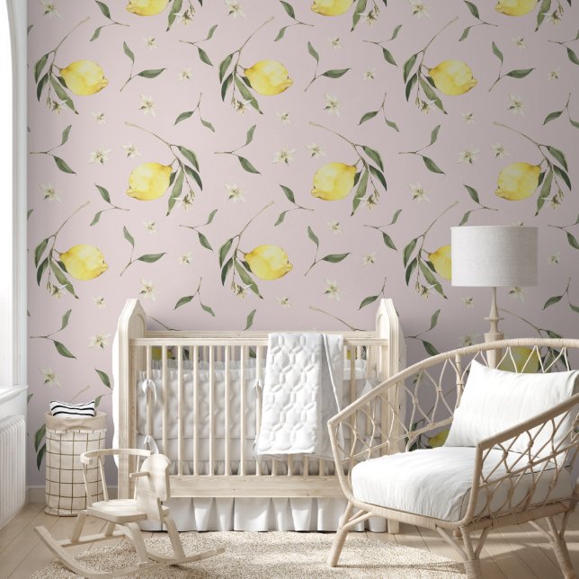 Papier Peint Motif de fruits de citron rose doux (Enfants)