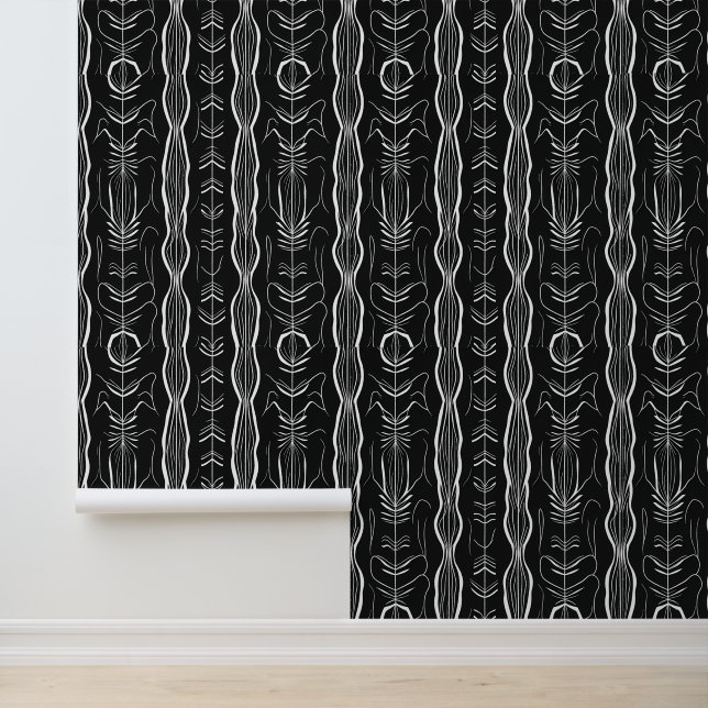 Papier Peint Motif de ligne botanique noir et blanc (Application)