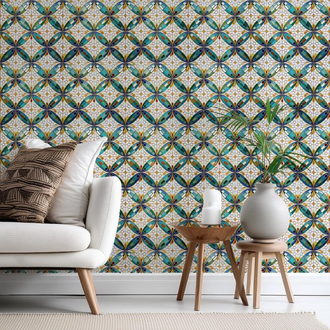 Papier Peint Motif de mosaïque géométrique n° 5 Turquoise blanc (Créateur téléchargé)