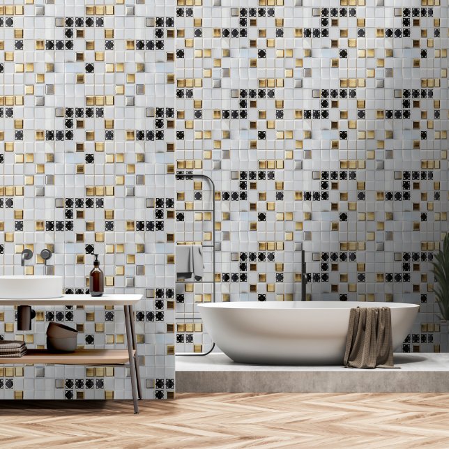 Papier Peint Motif de petites tuiles Gold Silver (Salle de bain)