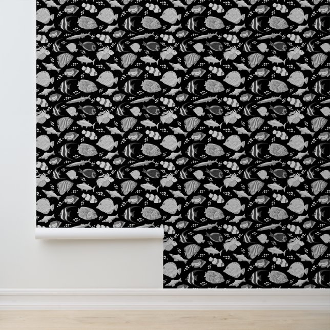 Papier Peint Motif de poisson noir et blanc (Application)