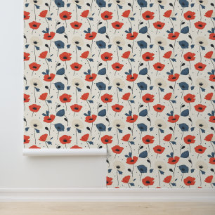 Papier Peint Motif de Poppies d'aquarelle - Rouge, Bleu et Blan