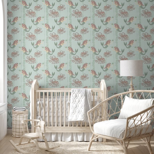 Papier Peint Motif de sirène rose et vert amovible (Enfants)