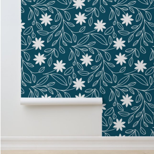 Papier Peint Motif de suivi feuille de fleurs Turquoise (Créateur téléchargé)