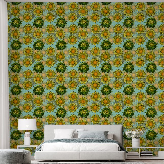 Papier Peint Motif de tournesol jaune avec feuillage et bourgeo (Chambre à coucher)