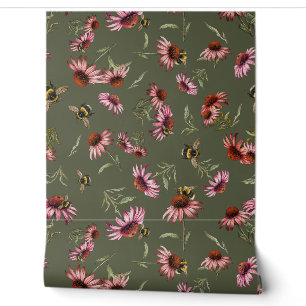 Papier Peint Motif d'échinacées abeilles