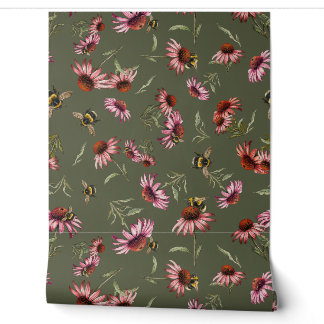 Papier Peint Motif d'échinacées abeilles