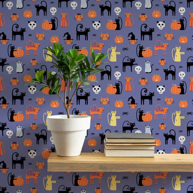 Papier Peint Motif des chats d'Halloween (Fun Halloween black and orange cats, pumpkins, witches, zombies and skulls peel and stick wallpaper)