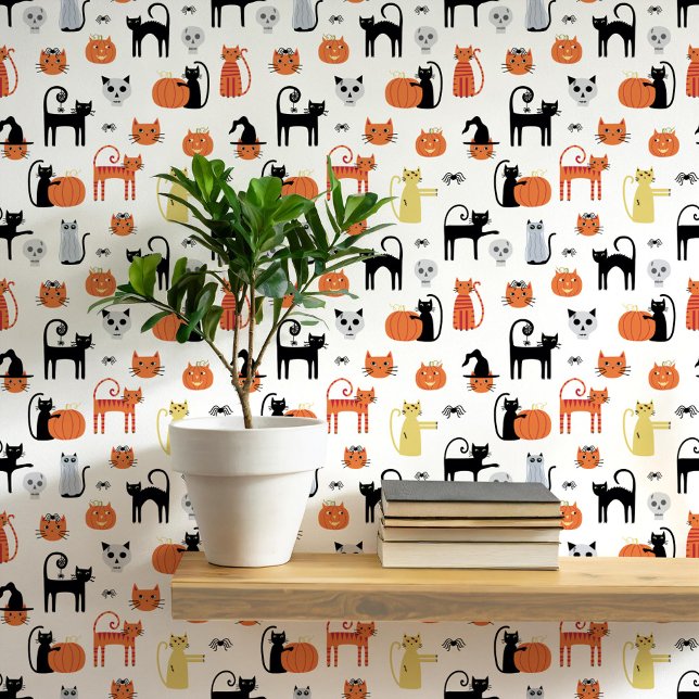 Papier Peint Motif des chats d'Halloween (Fun Halloween black and orange cats, pumpkins, witches, zombies and skulls peel and stick wallpaper)