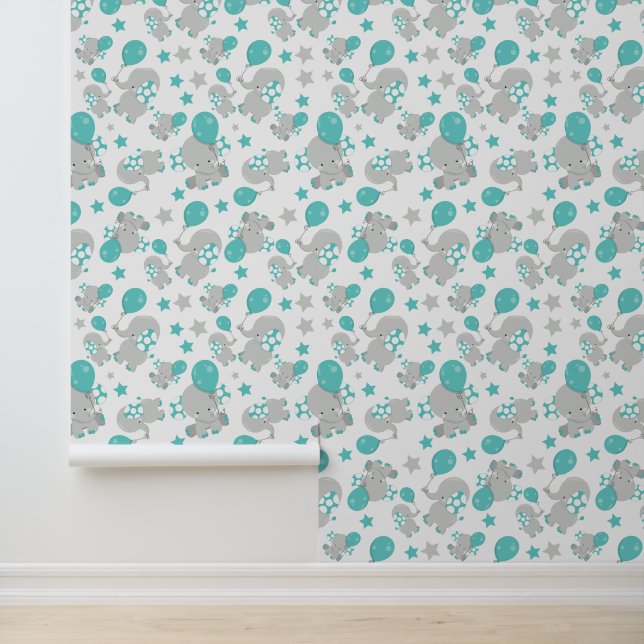 Papier Peint Motif Des Eléphants, Eléphants Mignons - Gris Bleu (Application)