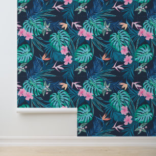 Papier Peint Motif du Jardin des Fleurs Tropicales Bleues