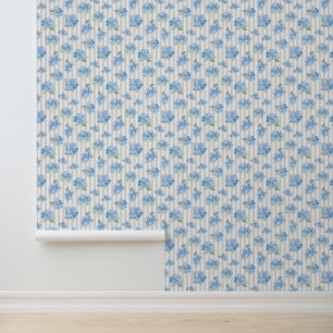 Papier Peint Motif élégant d'hortensia bleu avec rayure grise 