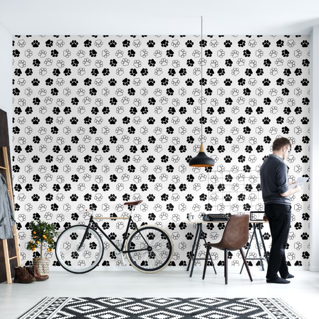 Papier Peint Motif Empreintes de pattes noir et blanc mignon (Salon)