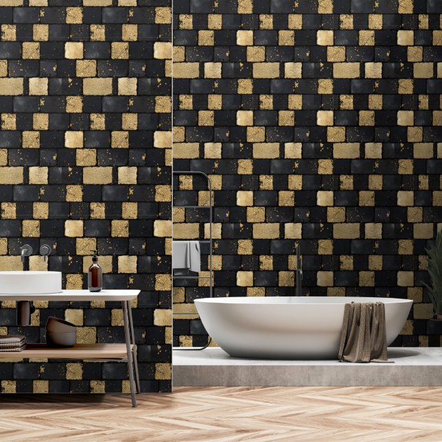 Papier Peint Motif en briques noir et or (Salle de bain)