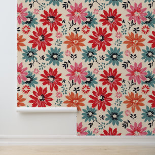 Papier Peint Motif Fleur Rétro Rouge Orange Bleu