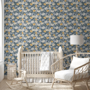 Papier Peint Motif floral bleu jaune et blanc élégant sur fond 