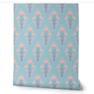 Papier Peint Motif floral botanique bleu rose Art Nouveau