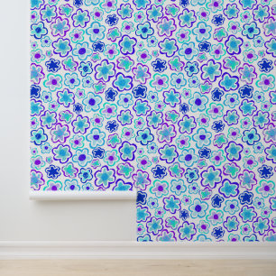 Papier Peint Motif floral dessiné à la main rose bleu