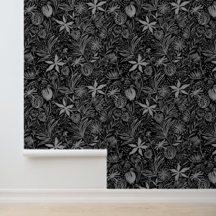 Papier Peint Motif floral Elégante Aquarelle d'argent noir