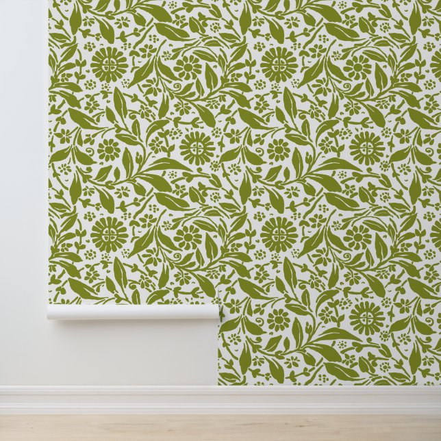 Papier Peint Motif Floral Joli Vert Blanc Antique Look (Application)