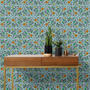 Papier Peint Motif floral orange Tourbillon Baie sur sarcelle -
