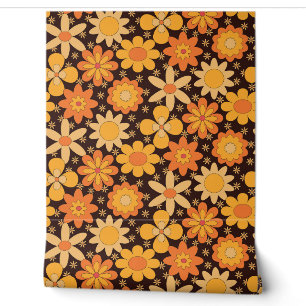 Papier Peint Motif floral rétro groovy jaune et orange