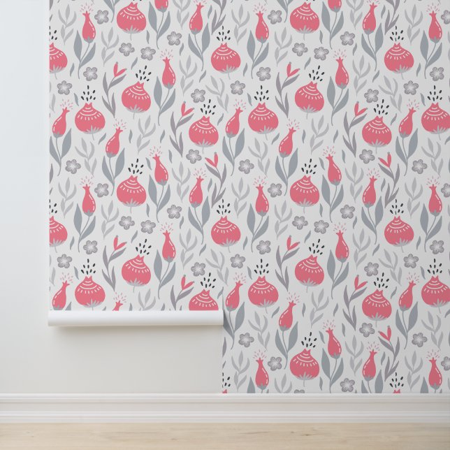 Papier Peint Motif floral rose et gris (Application)