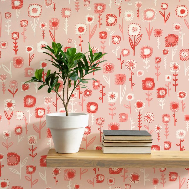 Papier Peint Motif floral rose rétro amusant (Retro pink floral ditsy fun peel and stick wallpaper)