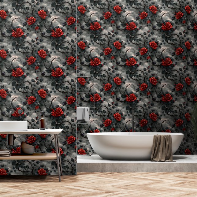 Papier Peint Motif gothique des roses rouges (Salle de bain)