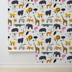 Papier Peint Motif jolies Animaux Sauvages de Dessin Animé