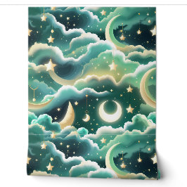 Papier peint - motif lune céleste vert menthe