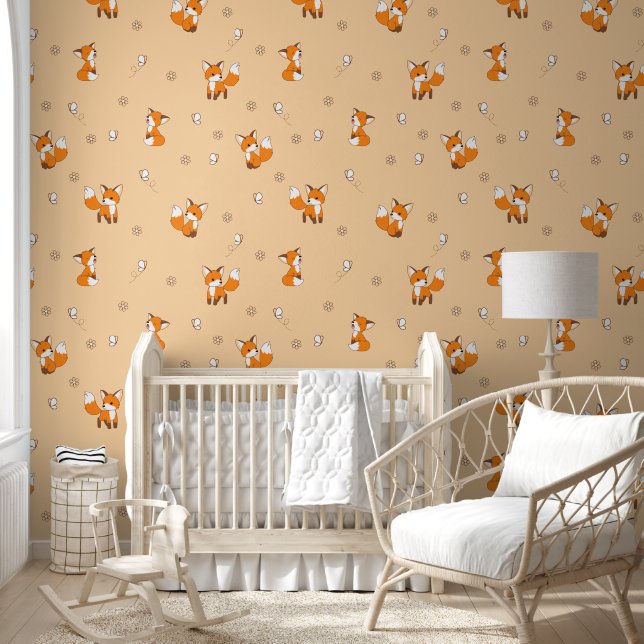Papier Peint Motif mignon Little Fox Peach (Enfants)