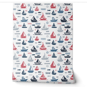 Papier Peint Motif nautique avec voiliers et poissons
