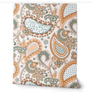 Papier Peint Motif Paisley Rétro Sarcelle Sauge Pêche Rouille O