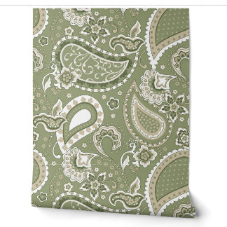 Papier Peint Motif Paisley Rétro Vert Sauge Olive Beige