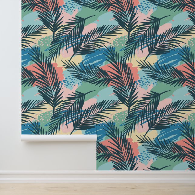 Papier Peint Motif Pastel Tropical Leaf (Application)