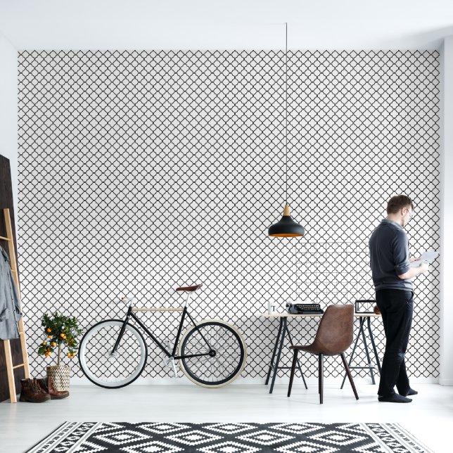 Papier Peint Motif Quatrefoil noir et blanc (Salon)