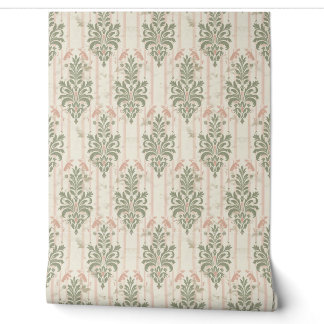Papier Peint Motif rayé damassé rétro français – Vert sauge vin