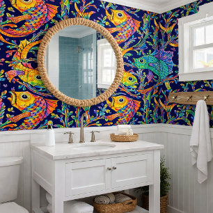 Papier Peint Motif rétro Art nouveau de poisson et d'algue